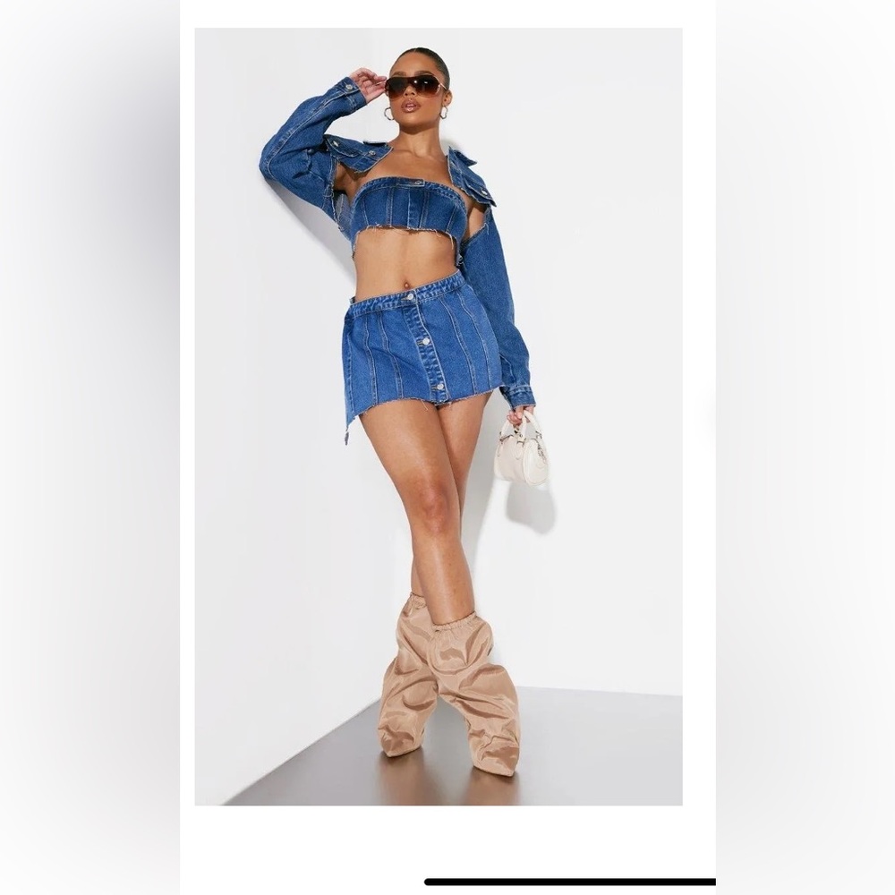 NWT PLT MID blue wash wrap over denim, micro mini skirt